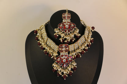 Ornate Red and Gold Polki Jewellry Set with Earrings