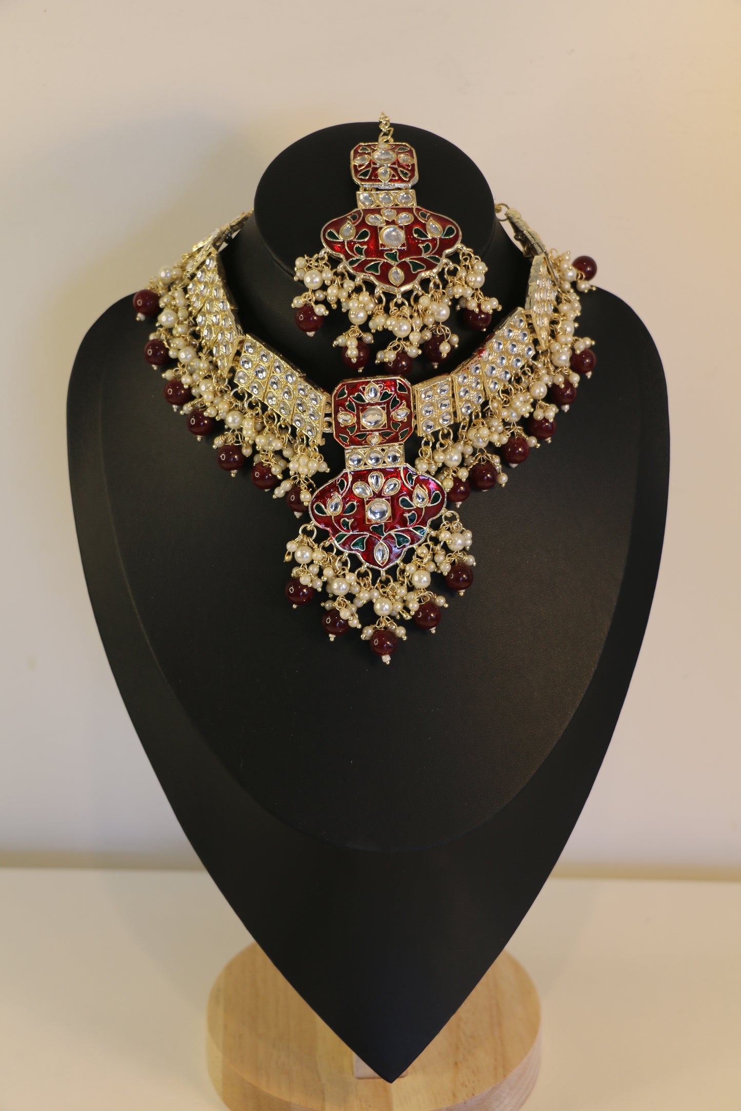 Ornate Red and Gold Polki Jewellry Set with Earrings