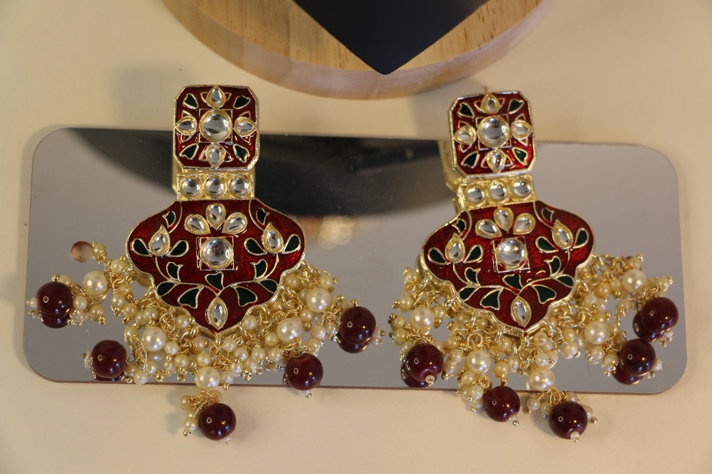 Ornate Red and Gold Polki Jewellry Set with Earrings