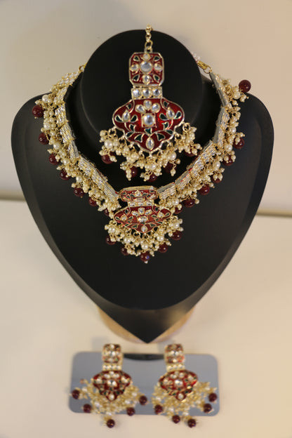 Ornate Red and Gold Polki Jewellry Set with Earrings