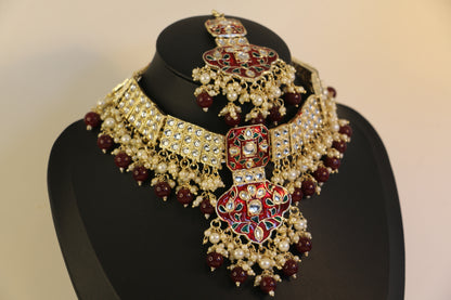 Ornate Red and Gold Polki Jewellry Set with Earrings