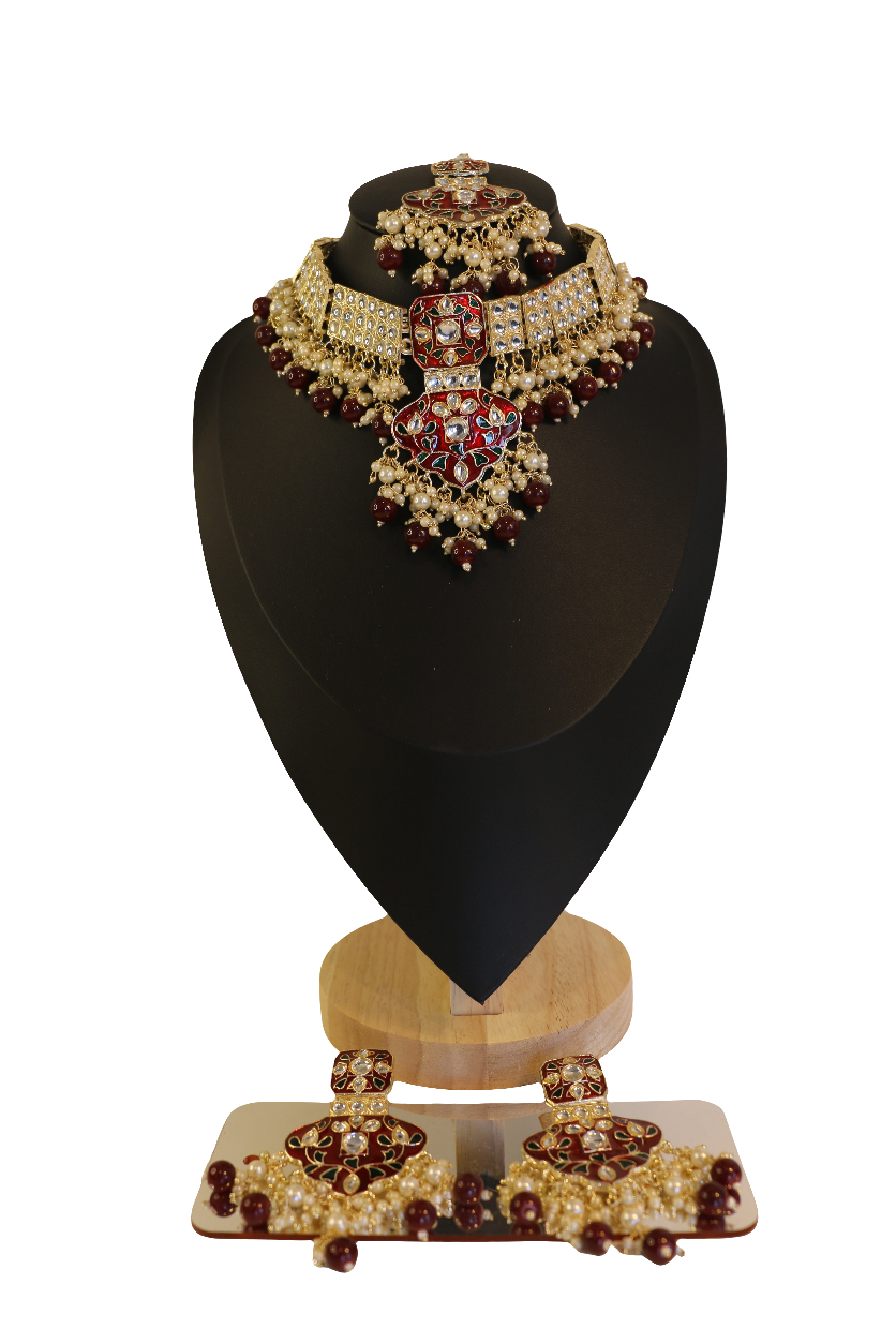 Ornate Red and Gold Polki Jewellry Set with Earrings
