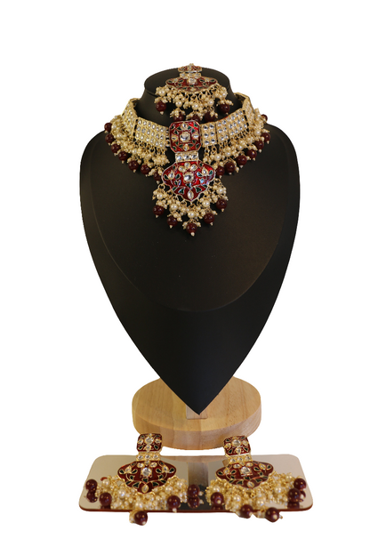 Ornate Red and Gold Polki Jewellry Set with Earrings